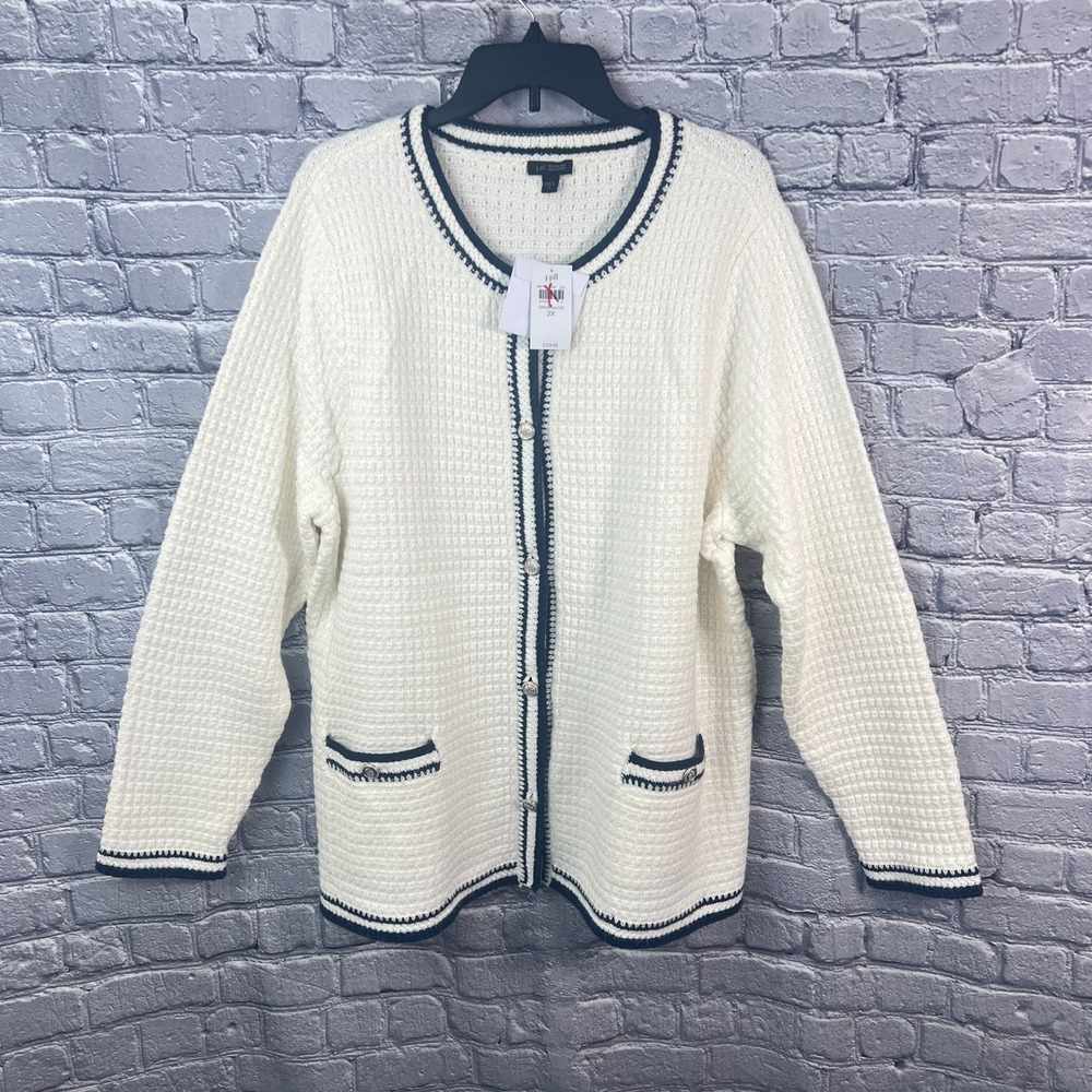 J. Jill Cardigan Women 2X Cream Navy New Wearever Textured Knit Button Front